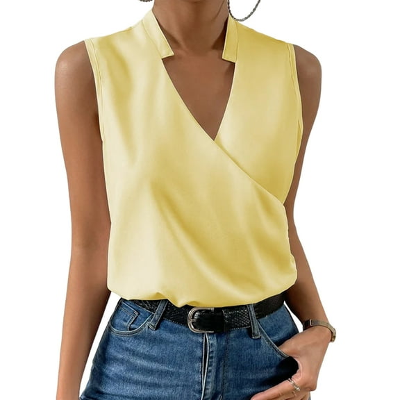 Womens Pleated Tank Tops V Neck Casual Sleeveless Blouses Summer Basic Vest Shirt Light Yellow XL