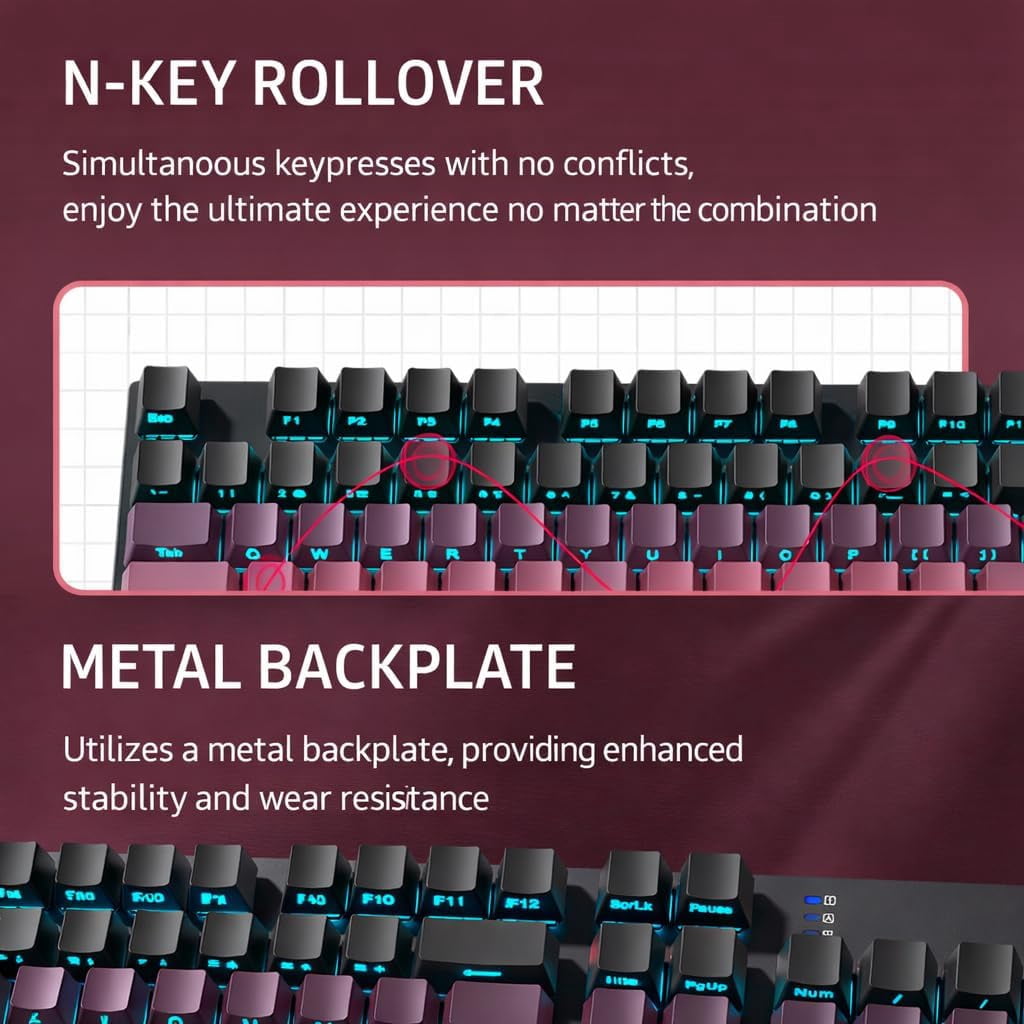 HP GK400F Wired Mechanical Keyboard – 104-Key Brown Switches, USB Connection, Dual-Use for Office & Gaming, Black/BlackBerry Pink, Side-Printed Keycaps