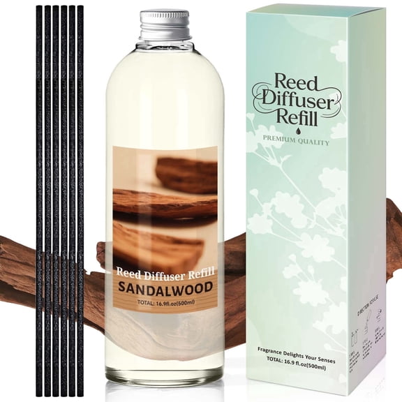 LA BELLEFEE Sandalwood Reed Diffuser Refill, with 6 Reed Sticks, 16.9 oz Large Capacity, Woody Scent Air Freshener for Home, Bedroom, Bathroom & Hotel