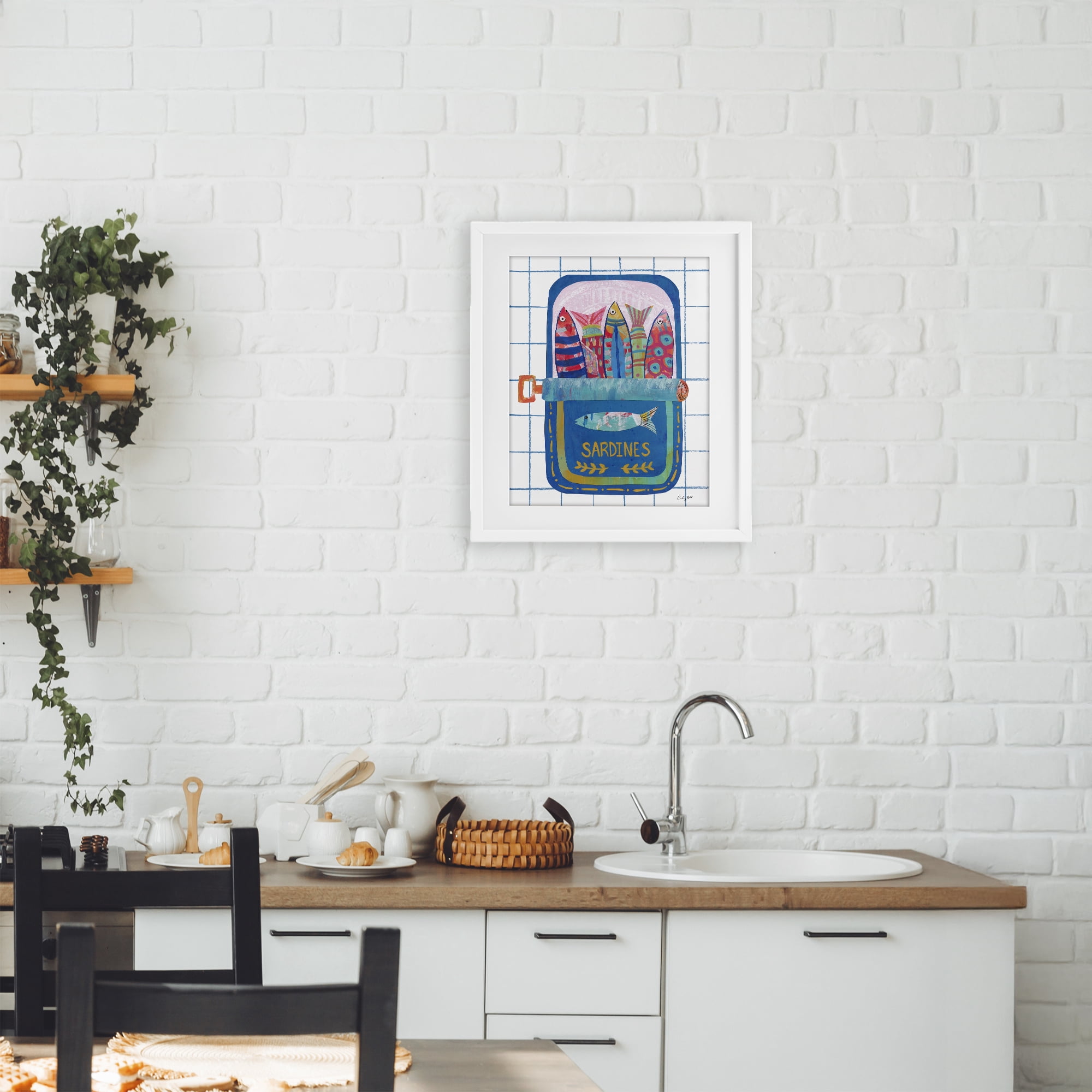 Stupell Industries Silly Sardines Blue Tin White Framed Print Under Glass, design by Courtney Prahl