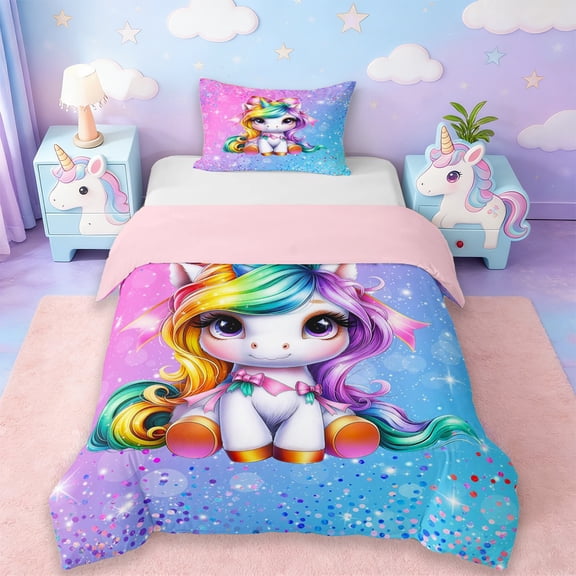 Erosebridal Girls Unicorn Twin Bedding,Multicolor Glitter Print Duvet Cover Set For Kids,Reversible Pink 2pcs,No Comforter