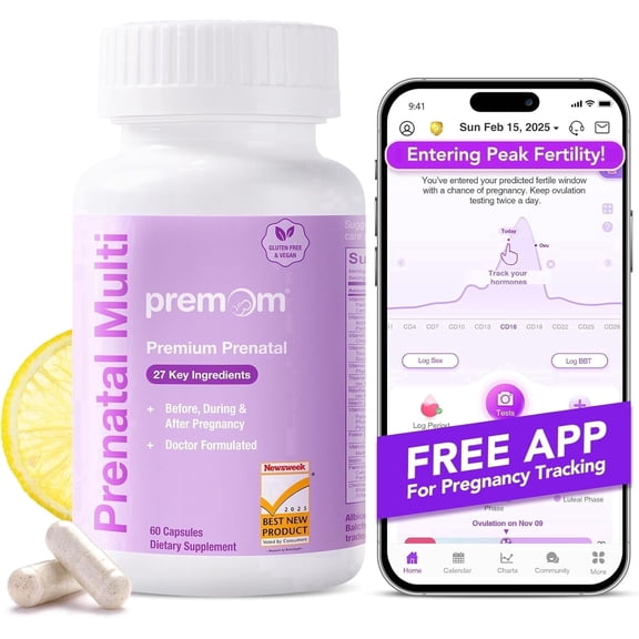Premom Prenatal Vitamins for Women with Methyl Folate, Iron, Biotin, Choline & 27 Nutrients for Fertility & Pregnancy, 60 Veggie Capsules, Lemon Scent