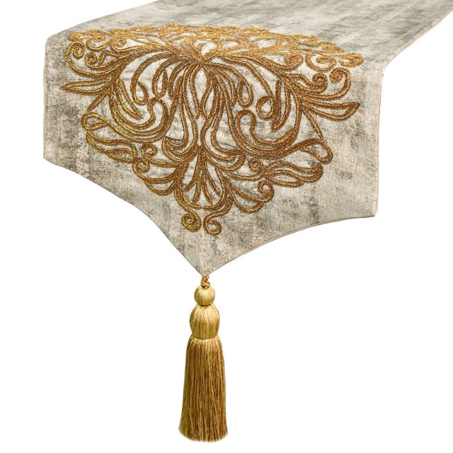 The HomeCentric Chemin de Table Décoratif Doré 16 Pieds' x 108 Pieds' Lin Damas, Zardozi & Pompons Linge de Table Moderne