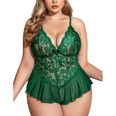 Plus Size Lingerie for Women Lace Bodysuit One Piece Teddy Babydoll Mesh Chemise V Neck Sleepwear L-5XL