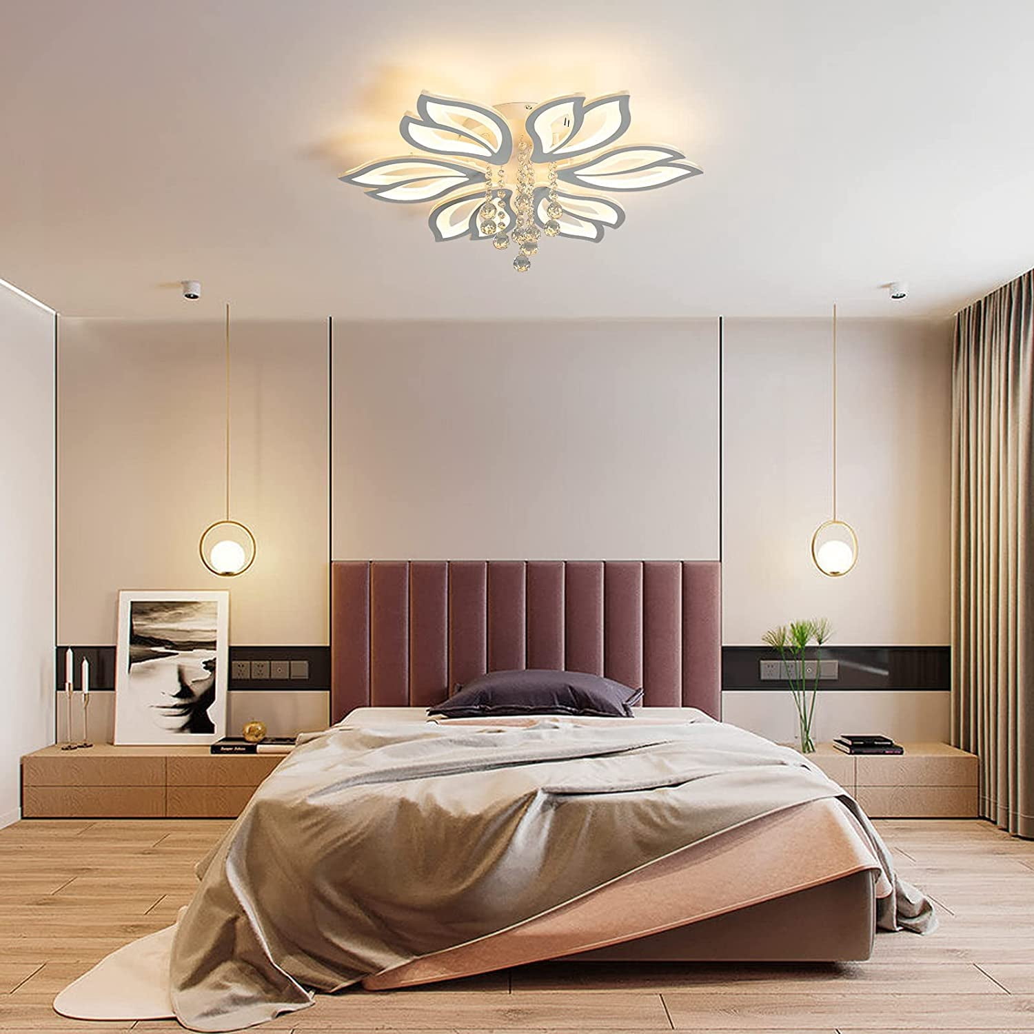 Garwarm Dimmable Modern Ceiling Light, 56W LED Flower Ceiling Lamp, White Acrylic Flower Light Fixture, 6-Head Flush Mount Chandelier Ceiling with Remote, Ideal for Bedroom Kitchen Dining Room