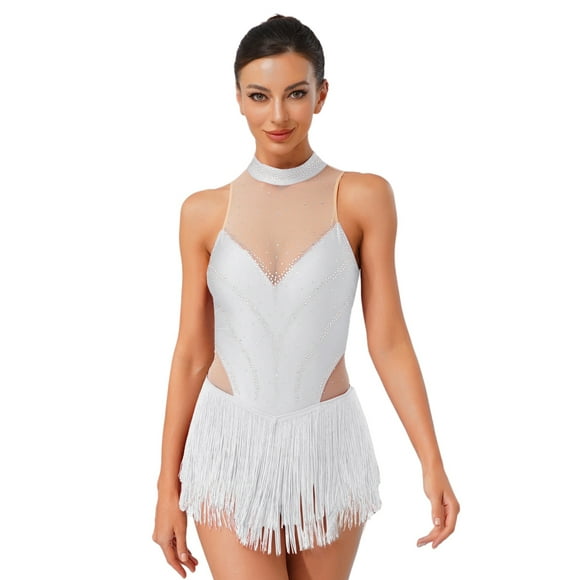 Ocealan Justaucorps de Danse Latine pour Femmes Patinage Artistique Gymnastique Costume Sans Manches à Franges Justaucorps Blanc P