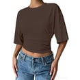 thumbnail image 4 of GZWYHT Solid Side Ruched Waist Cropped T Shirt for Women, Classic Round Neck Drop Shoulder Half Sleeve Slim Fit Crop Top, Elastic Lightweight Casual Short Tee Brown XL, 4 of 7
