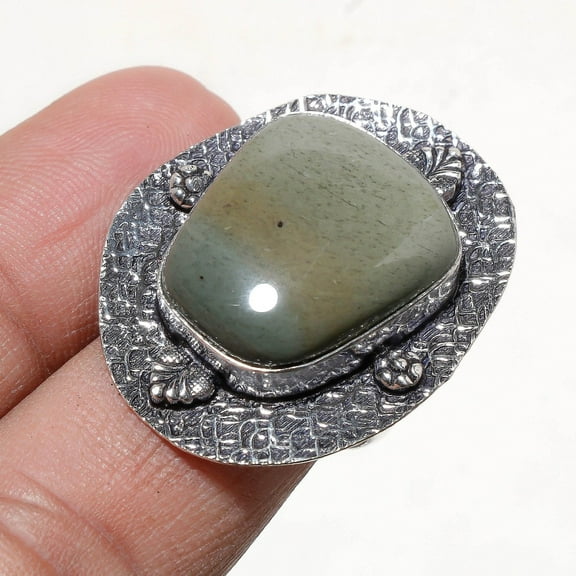 Green Jade Gemstone Ring Handmade Antique Design Ethnic Gift Jewelry 8" FR 269