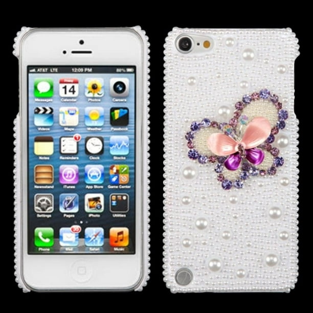 Insten Violet Papillon Perle 3D Diamante Cas Arrière pour iPod Touch 6 6ème 5 5ème Génération