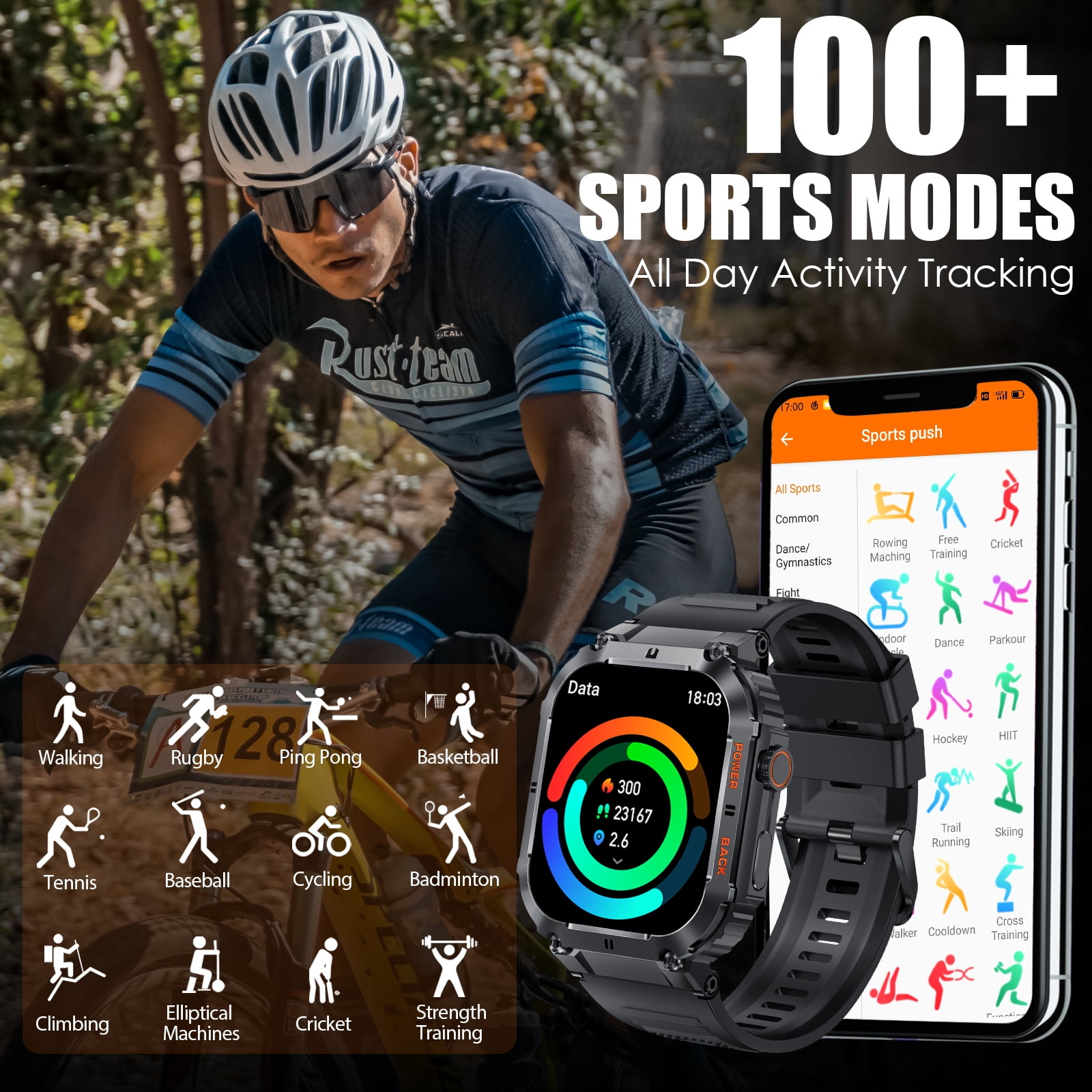 EIGIIS Smart Watch for Men 1.96" HD Big Screen Rugged Outdoor Waterproof Sports Watch Weather Step Counter Fitness Tracker Smartwatch for iOS Android Phones