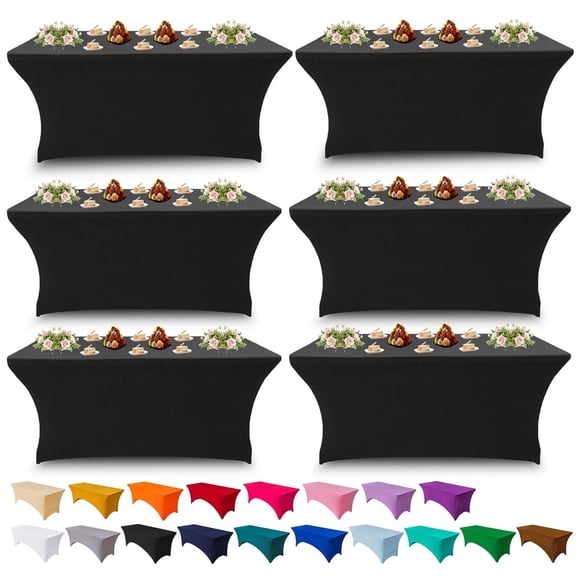 4FT Stretch Spandex Tablecloth Rectangular Fitted Table Cover for Standard Folding Tables, Universal Fit Tablecloth for Wedding, Trade Show, Vendor Stand (Black,6-Pack)