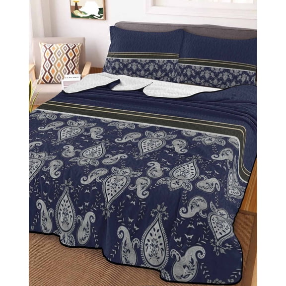 Boho Navy Blue Flower Twin XL Size Down Alternative Comforter, Lightweight Comforter Quilt Bedding Set with Pillow Shams Abstract Bohemia Pesley Floral All Seasons Bed Comforter Duvet Insert 68"x98"