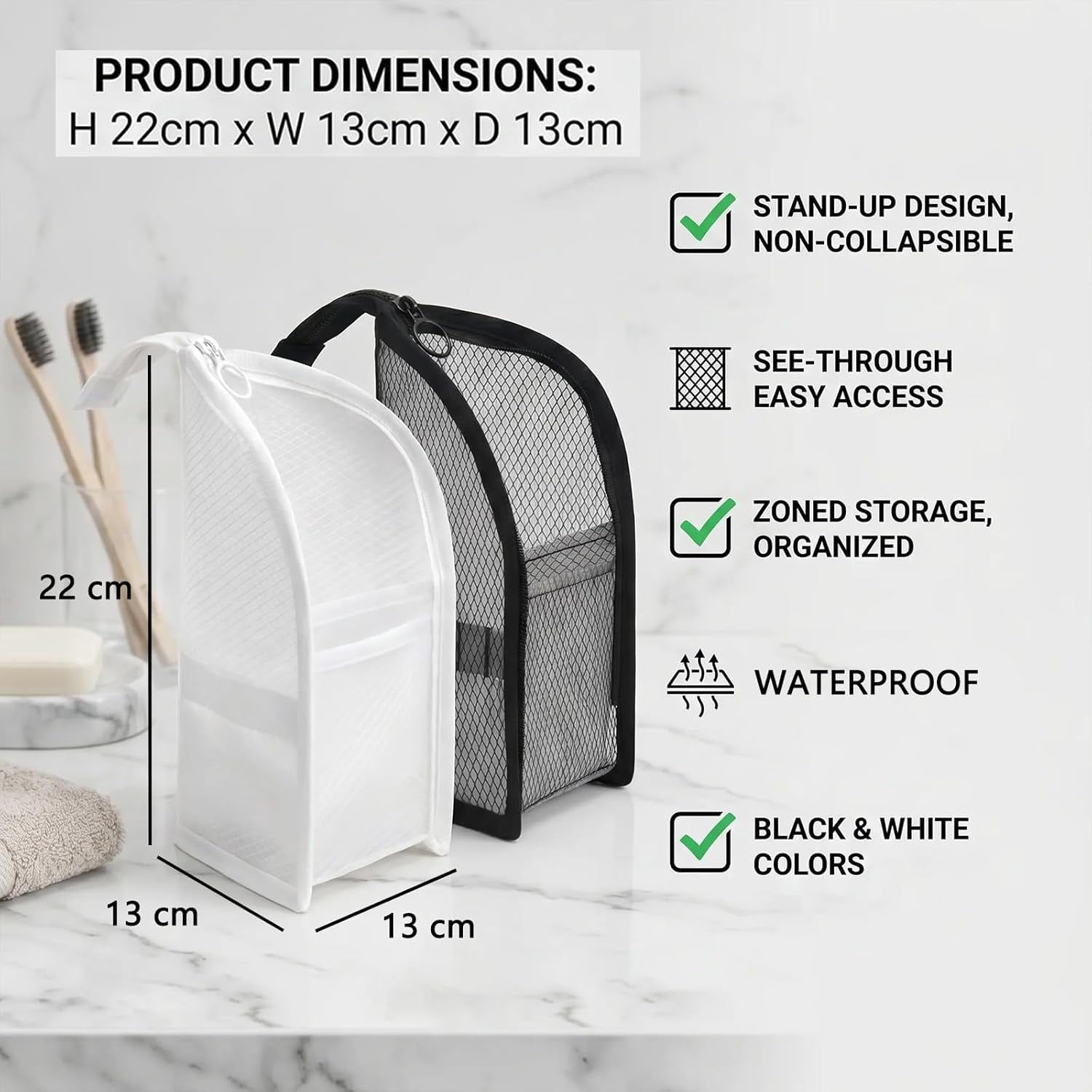 2Pcs Standing Toiletry Bag, Waterproof Translucent Cosmetic Bag, Leakproof EVA Travel Organizer for Bathroom, Gym and Outdoor Trip (2Pcs, Black & White)