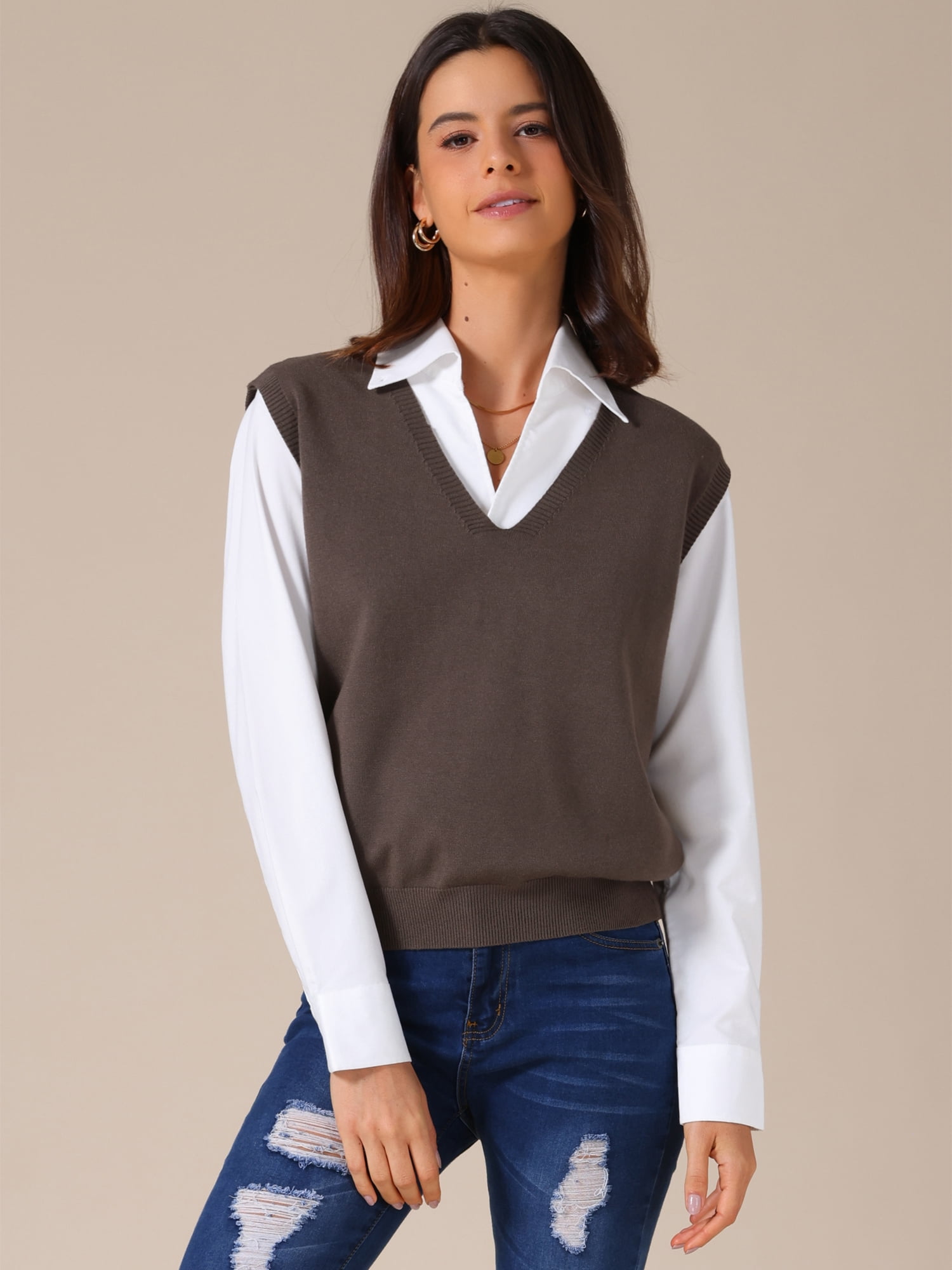 DARING DIVA Women's Uniform V Neck Knit Sleeveless Sweater Tank Tops L Coffee