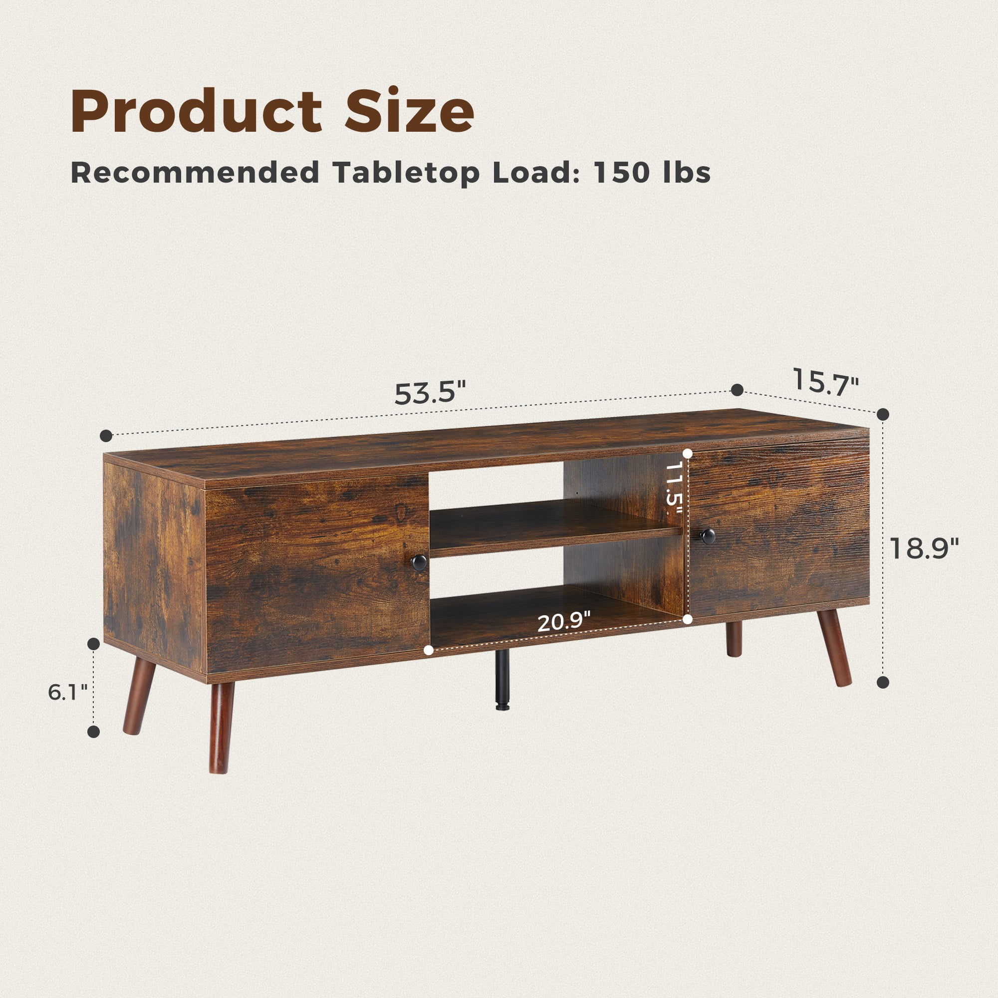GIANNA Mid-Century Modern Wooden TV Stand for 55-60” TVs, 2 Storage Cabinets, Adjustable Shelf, Cable Management, Sturdy Legs, Easy Assembly, Rust Brown