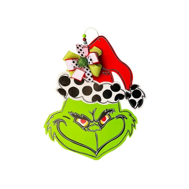 Letrero de bienvenida para interiores con decoraciones de Grinch, divertido alborotador, letrero de bienvenida para puerta de entrada, guirnaldas, decoración de placa colgante de madera, decoración de