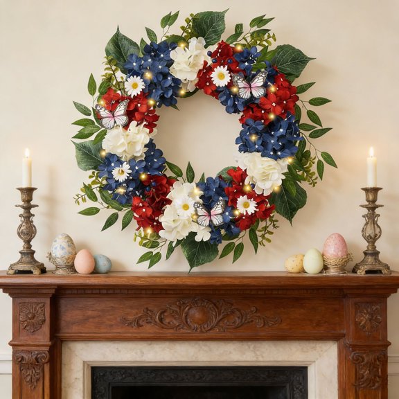 SUOKOM Easter Decoration Bunny Wreath 20in Easter Wreaths for Front Door Artificial Easter Wreath with Butterflies for Spring Holiday Indoor Outdoor Porch Wall Window Decor