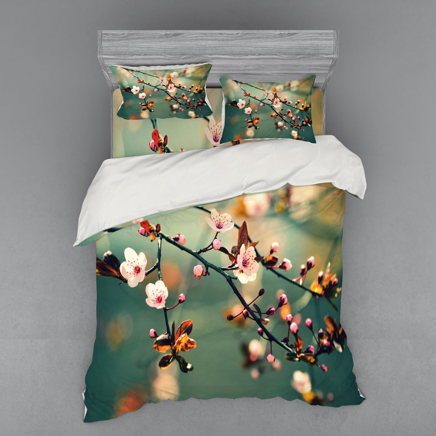 Nature Duvet Cover Set, Spring Themed Floral Flowering Japanese Cherry