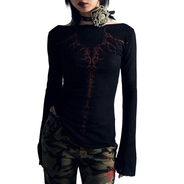 Diconna Femmes à Manches Longues T-Shirts à Col Rond Imprimé Mode Printemps Automne Slim Fit Casual Tops Streetwear