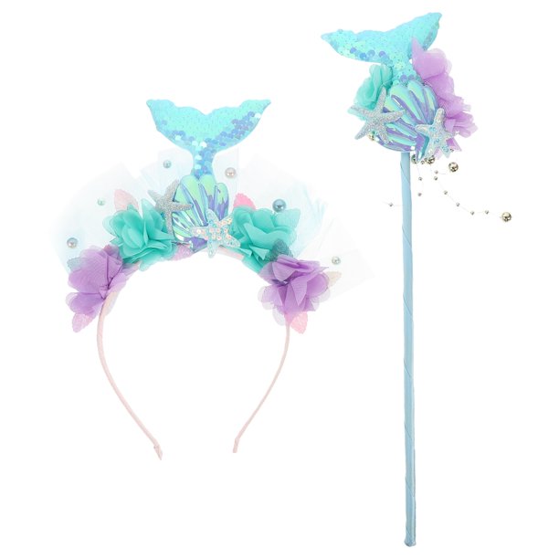 1 juego de diadema con corona de sirena, cola de sirena con lentejuelas, aro para el pelo, varita de hada, accesorios para disfraz de sirena