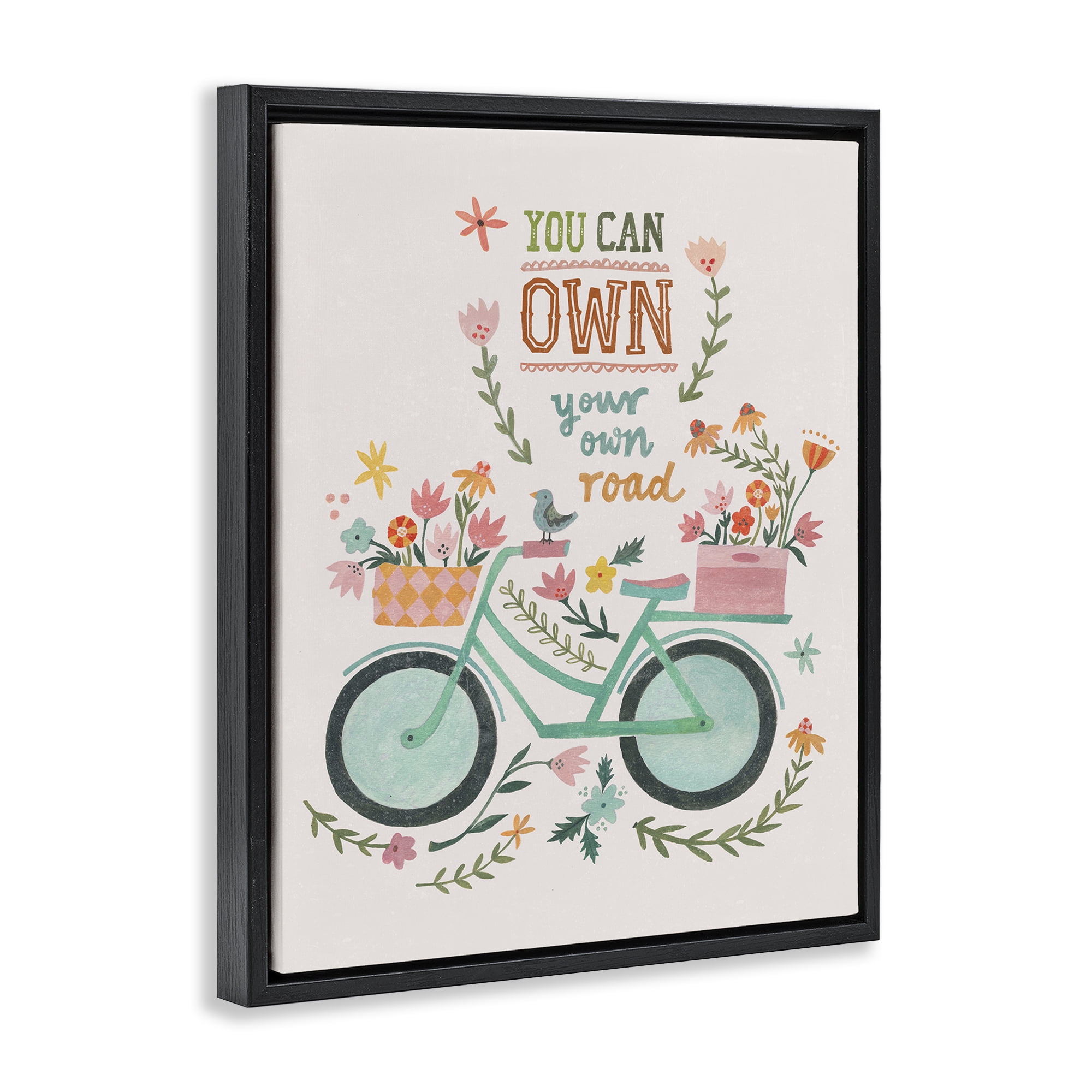 Stupell Industries Own Road Phrase with Bicycle Transportation Painting Black Floater Framed Canvas Art Print Wall Art, 17 x 21