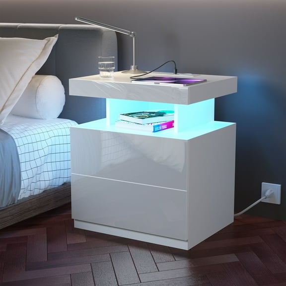 Hommpa Modern LED Nightstand with Charging Station USB Type C 2 Drawer Bedside Table High Gloss White Smart Nightstands End Side Table for Bedroom