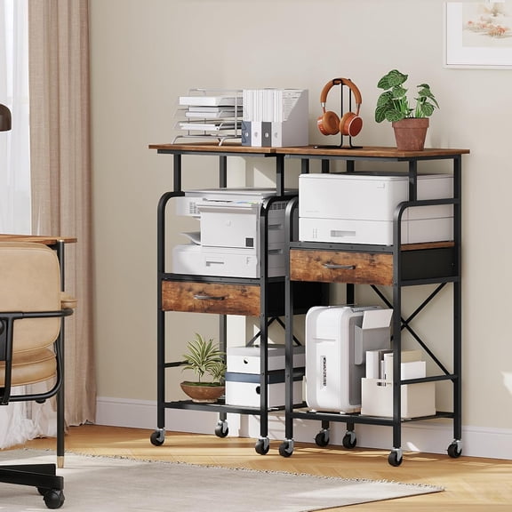Tall Printer Stand with Storage, 3-Tier Industrial Cart on Wheels, Adjustable Shelf & Fabric Drawer, Rustic Brown for Home Office