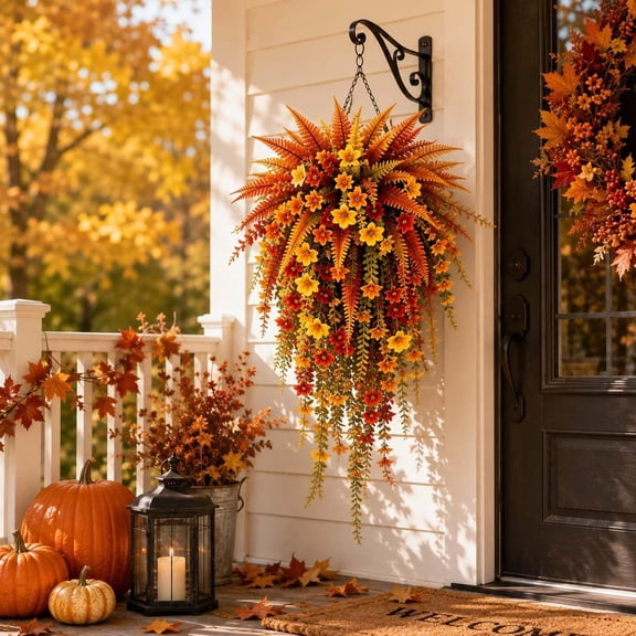 Artificial Fall Harvest Hanging Basket - Autumn Porch & Door Decoration, UV-Resistant Waterproof Faux Fall Flowers, for Doors, Porches, Mantels, Garden & Weddings