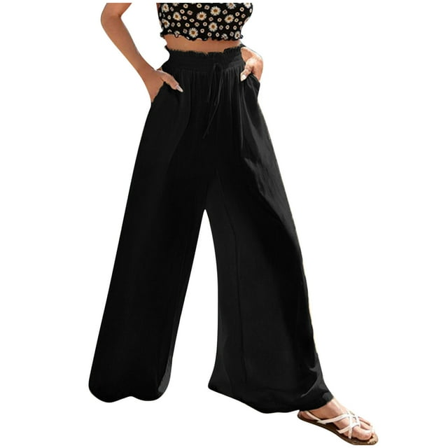LLYwey in Clearance Womens Cargo Sweatpants Ladies Spring Solid Color Elastic Waist Linen Versatile Straight Tube Casual Wide Leg Pants New Full Length Pants Trousers Regular Fitted Black XL