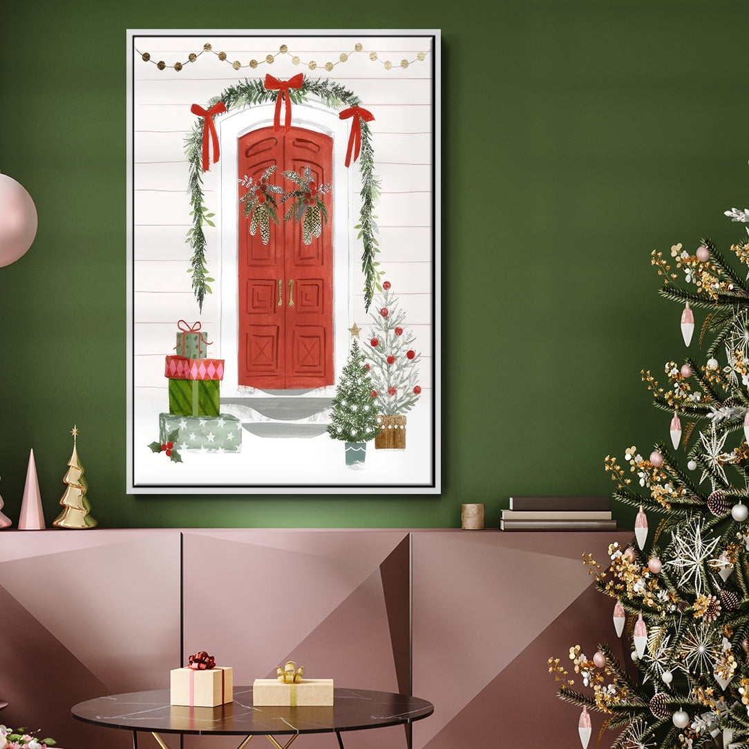 Festive Front Door II - Framed Gallery Wrapped Holiday Canvas - 17 x 25 - White Frame