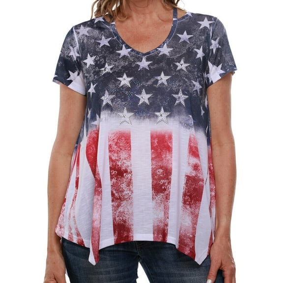 Women's Made in USA American Flag with Rhinestones Stars 4th of July T-Shirt