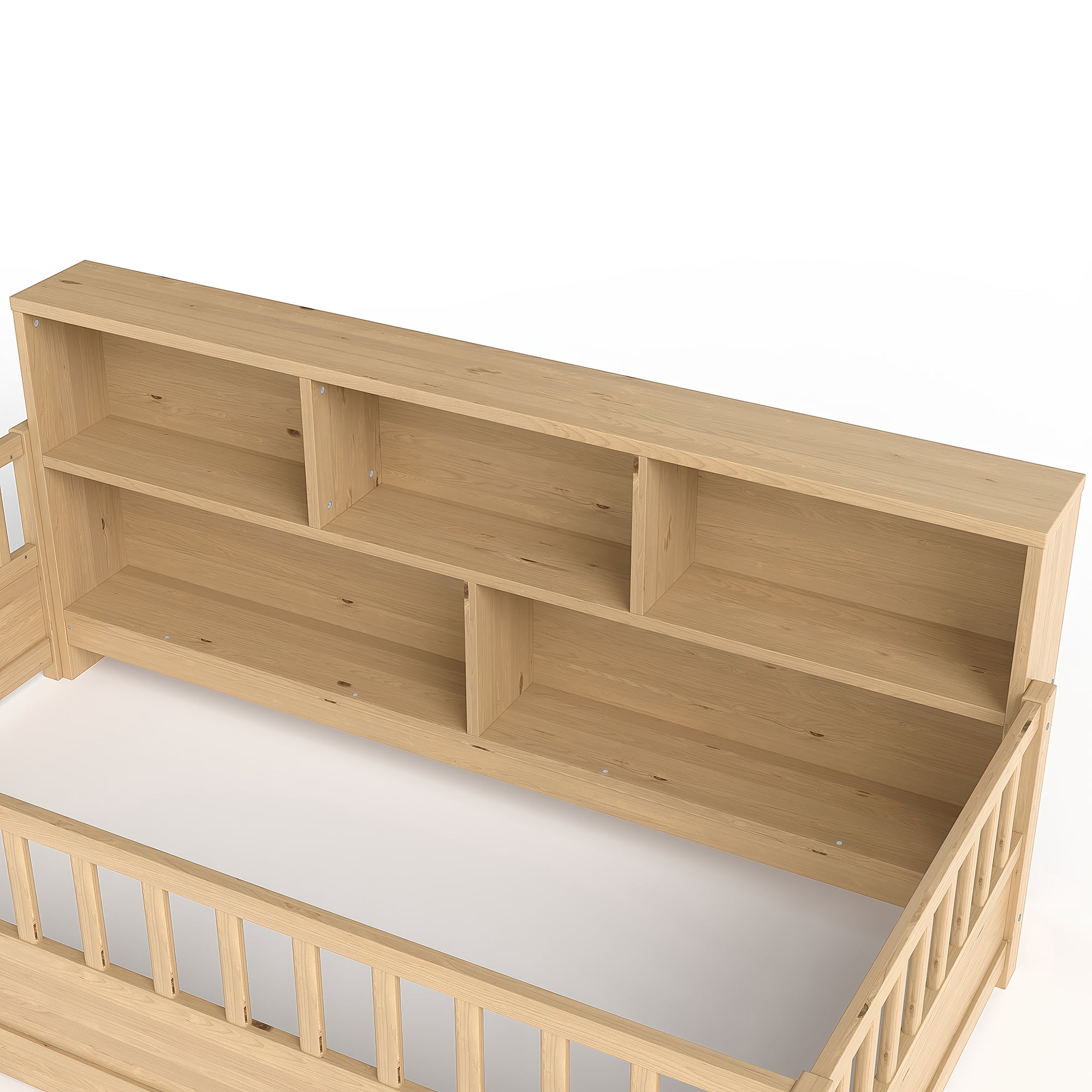 Miniyam Twin Size Wood Floor Bed with Guardrails, Storage & Bookshelf – Safe, Durable Design for Kids' Bedroom, Natural