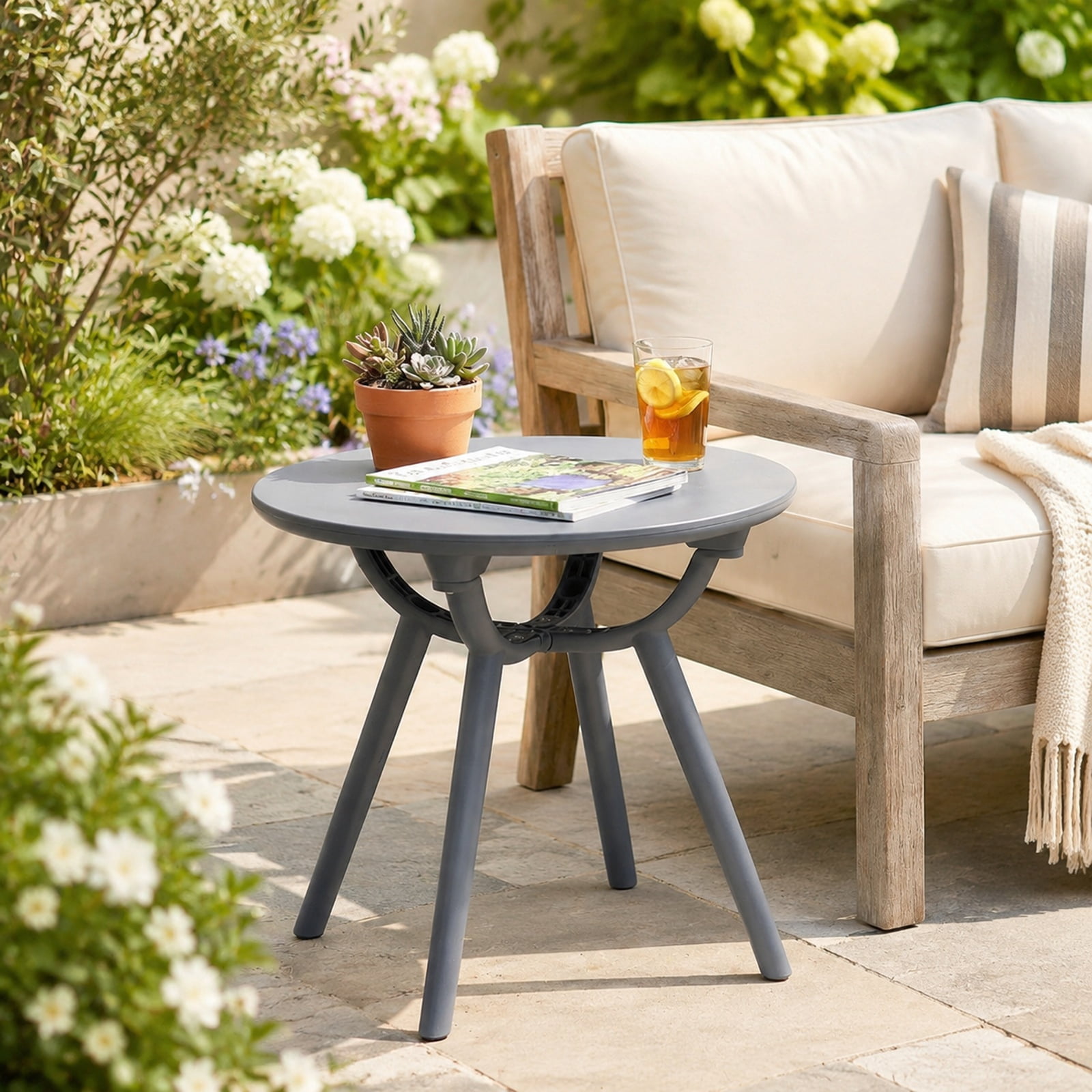 Biotree Round Patio Side Table, Outdoor Storage End Table with 20 Inch Tabletop, Weatherproof PP ABS and 110 lbs Capacity for Poolside Balcony, Gray