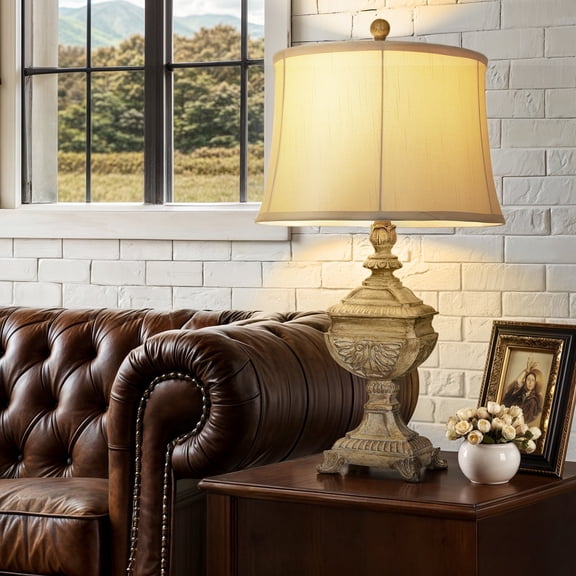 27" Large Brown Resin Table Lamp, Vintage Bedside Lamp with Linen Shade 9W LED Bulb, Retro End Lamp for Living Room Study