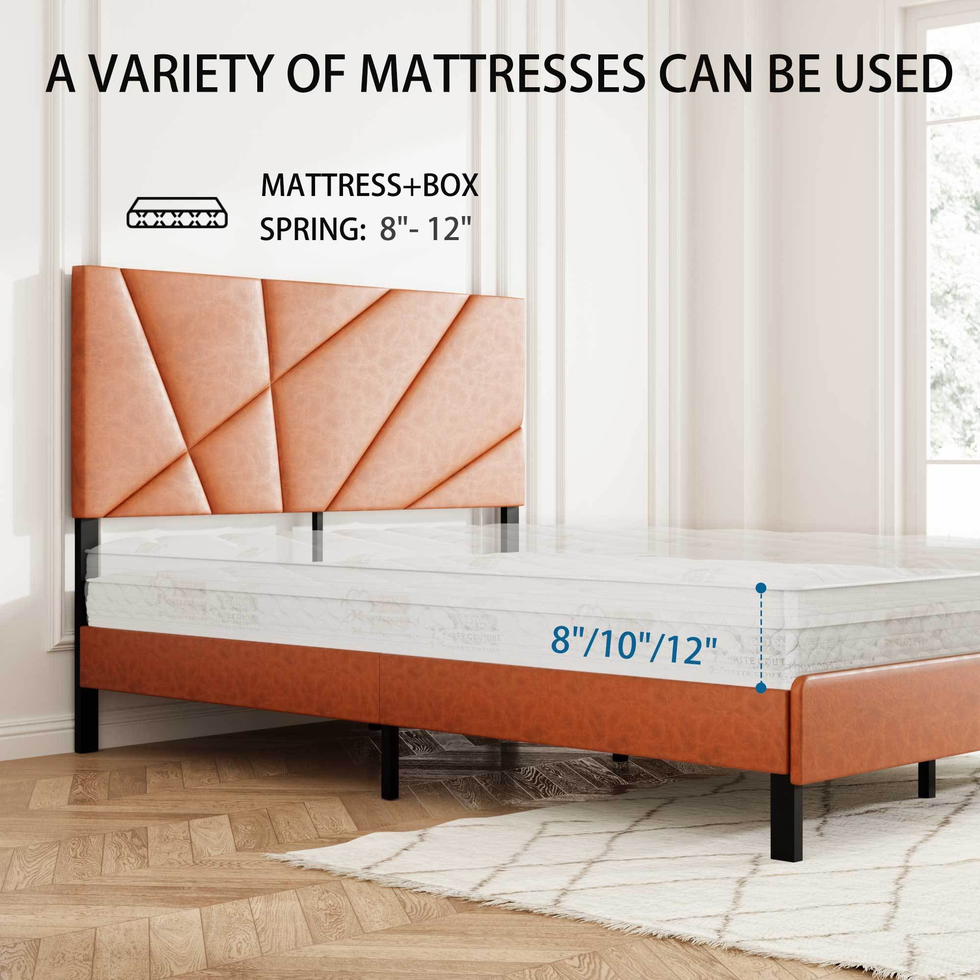 Full Size Bed Frame with Upholstered Headboard, Metal Support, No Box Spring Needed, Antique Brown