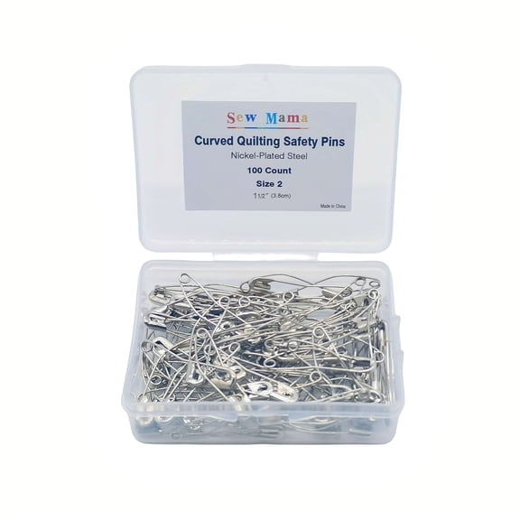 Sew Mama Curved Safety Pins for Quilting, Quilting Basting Pins, Nickel-Plated Steel, Size 2, 100 Count