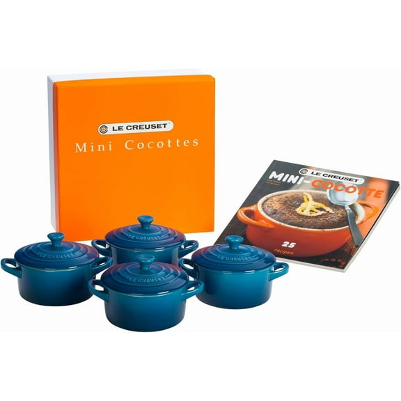 EnjinZZ Stoneware Set of 4 Mini Cocottes with Cookbook, 8 oz. each, Marseille