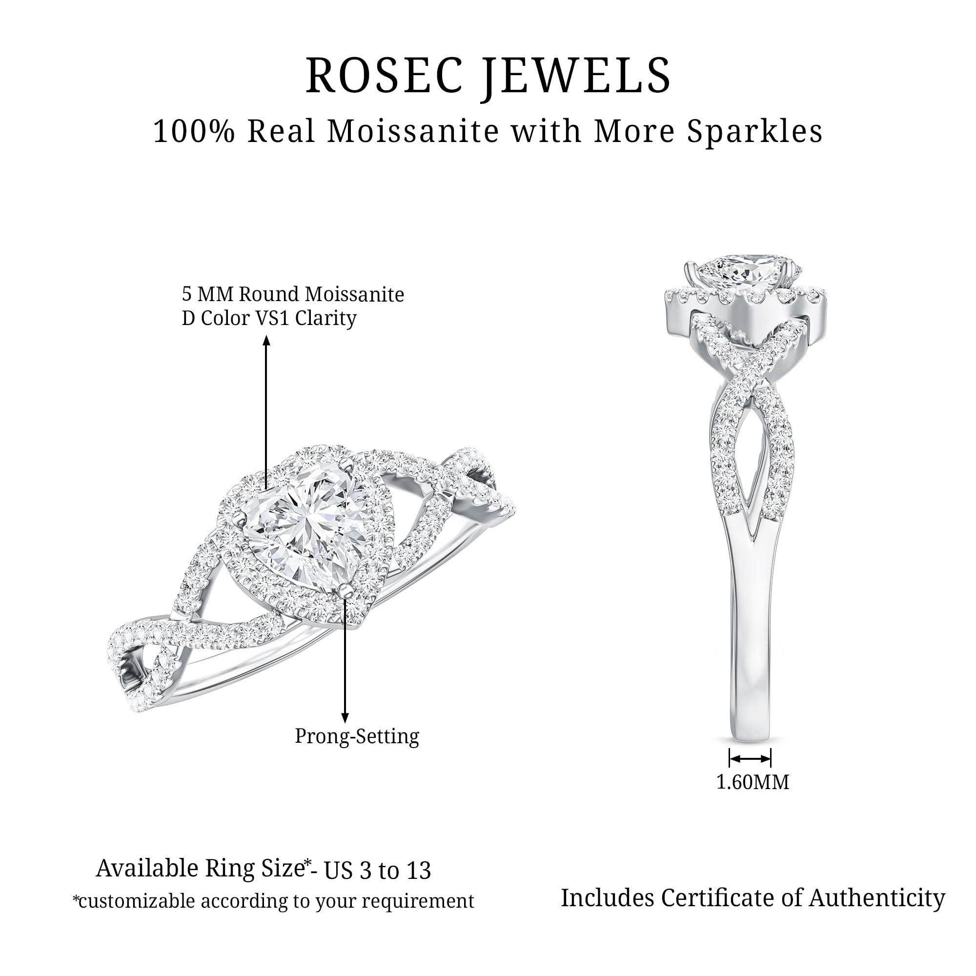 Rosec Jewels Moissanite Heart Engagement Ring for Women - 1/2 Carat - Moissanite Halo Crossover Ring - D-VS1 Grade, 14K White Gold, US 5.00