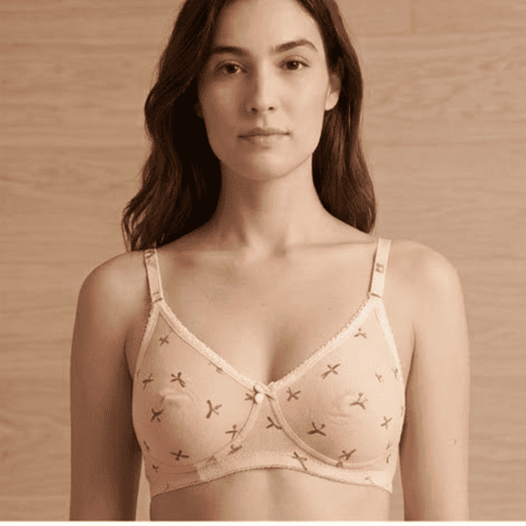 Women’s Beige Printed Cotton Bra Size 36, Non Padded Wirefree Full Coverage Everyday Comfort Bra with Adjustable Straps and Soft Support