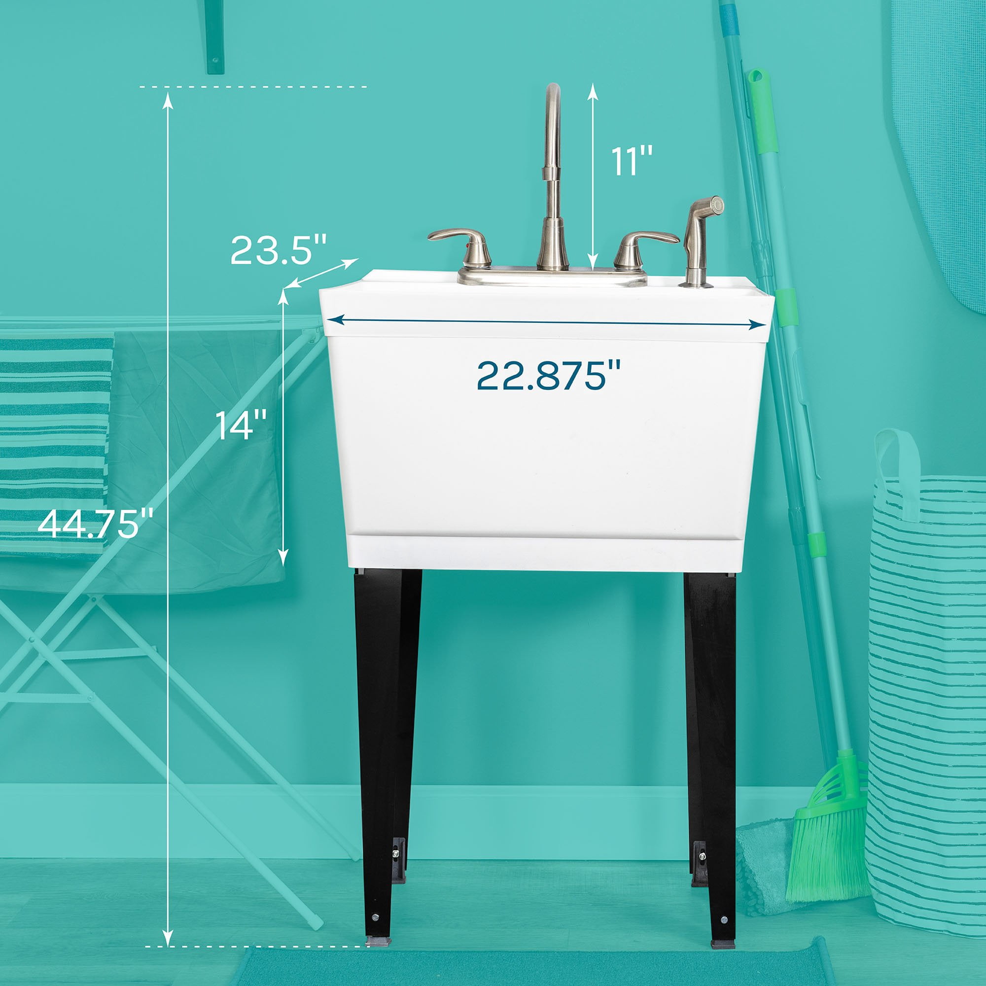 Tehila White 19 Gallon Utility Sink with Stainless Steel Finish High-Arc Dual Handle Faucet