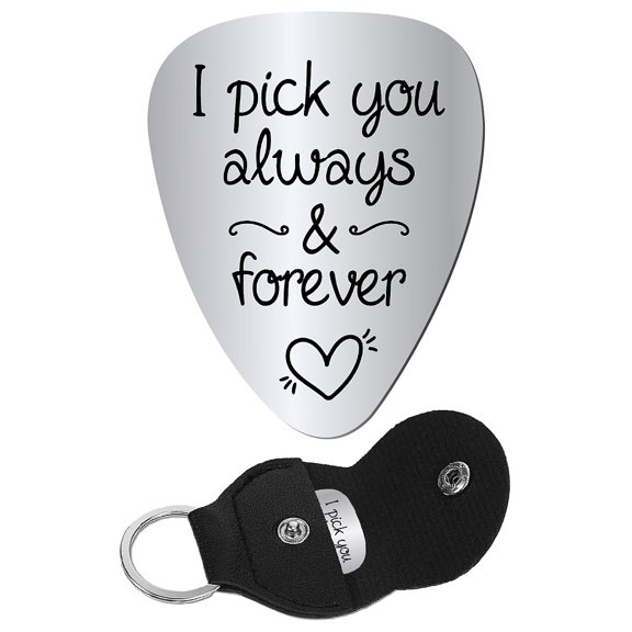 I Pick You Always and Forever Guitar Pick Engraved Stainless Steel Guitar Plectrums with Leather Keychain Pouch for Valentines Acoustic Electric Rock Bass Musician Gifts 1.26 x 1 inch DIY