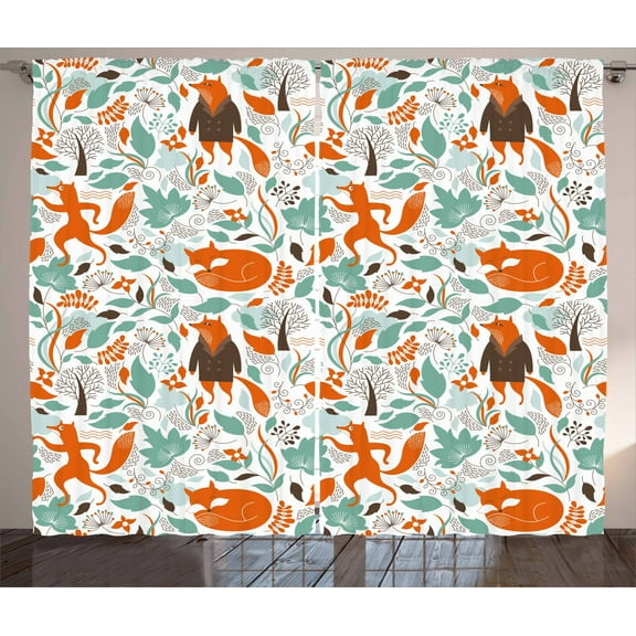 Ambesonne Fox Curtains 2 Panel Set, Funny Garden, 108" x 84", Turquoise Orange Brown