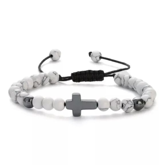 EOEMY Handmade Cross Beaded Bracelet Howlite Turquoise Bead 6mm Adjustable Bracelets-White Turquoise