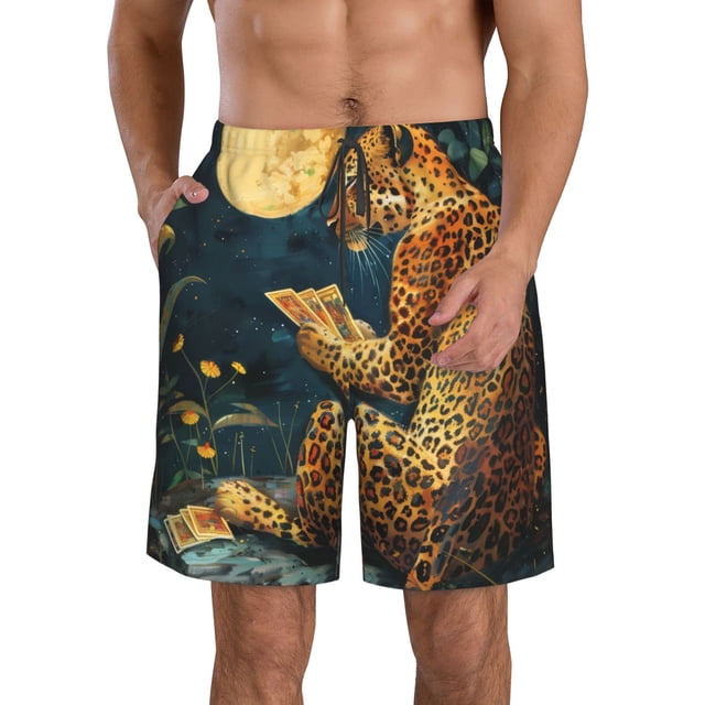 Balery Leopard Reading Tarot Cards Traje de Baño Estilo Hawaiano para Hombre, Shorts de Secado Rápido con Bolsillos-Medium