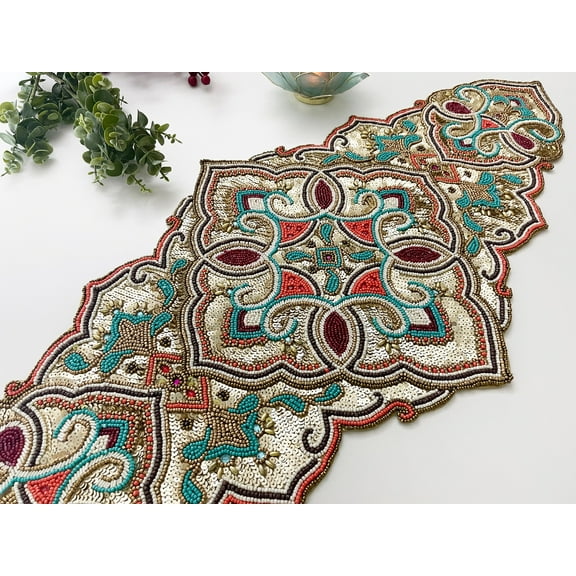 Handmade table runner, luxury beaded runner, centerpiece multicolor, 13x36inch