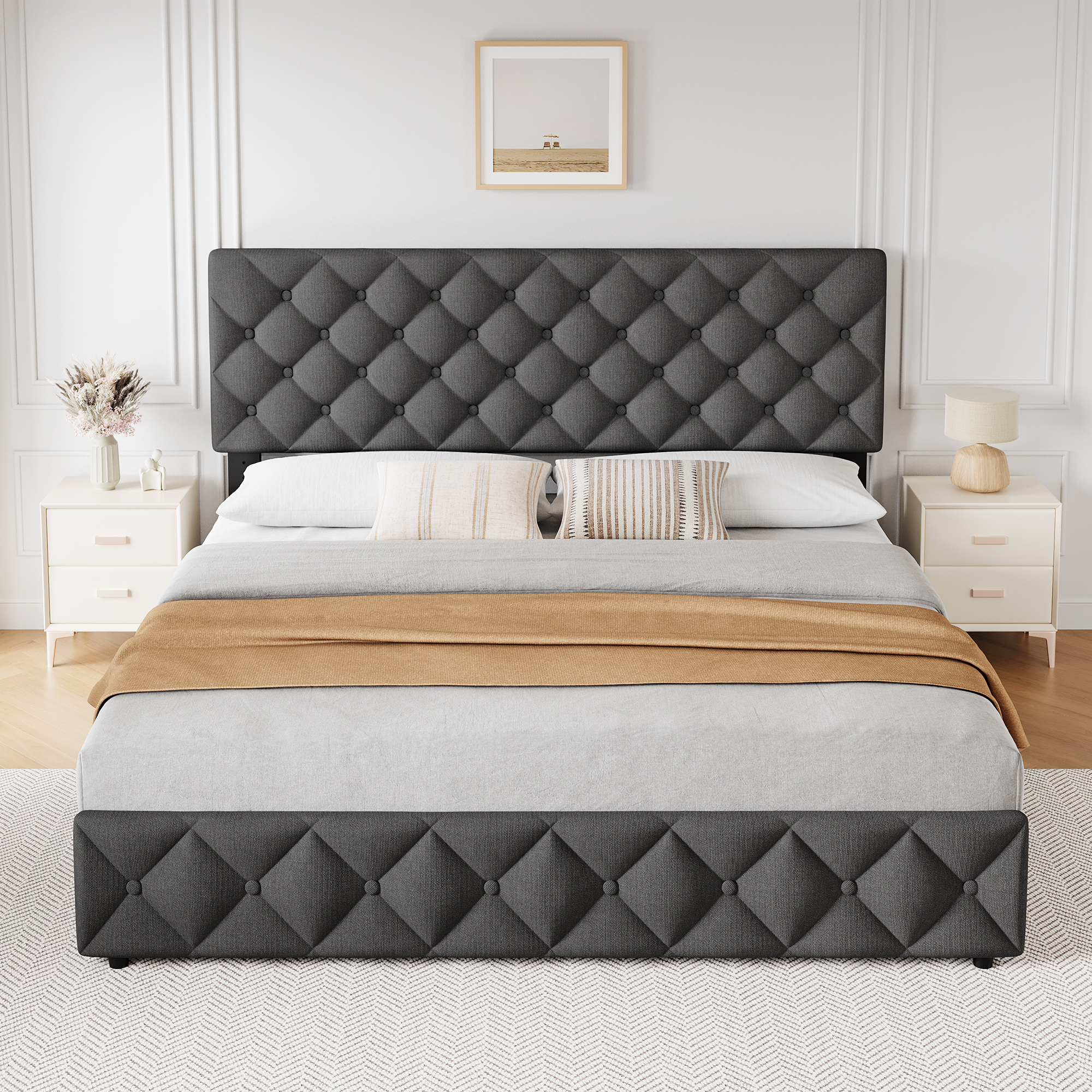 Queen Bed Frame with Headboard Adjustable, Linen Upholstered Size Platform Bed Frame with 4 Drawers, Modern Queen Bedframe, Wooden Slats Supports, No Box Spring Needed, Diamond Stitched Button, Beige