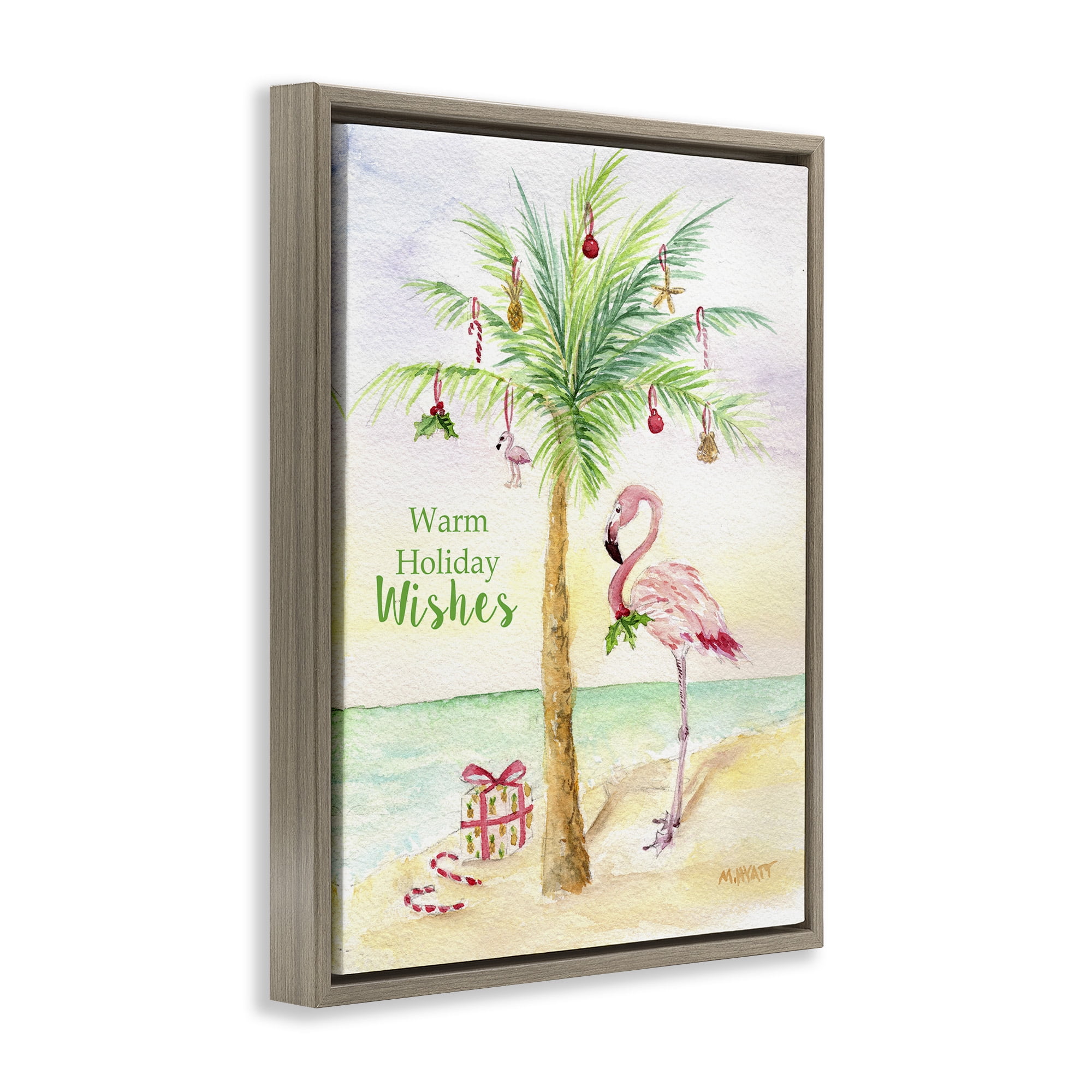 Stupell Industries Tropical Flamingo Christmas Holiday Painting Brown Floater Framed Canvas Art Print Wall Art, 25 x 31