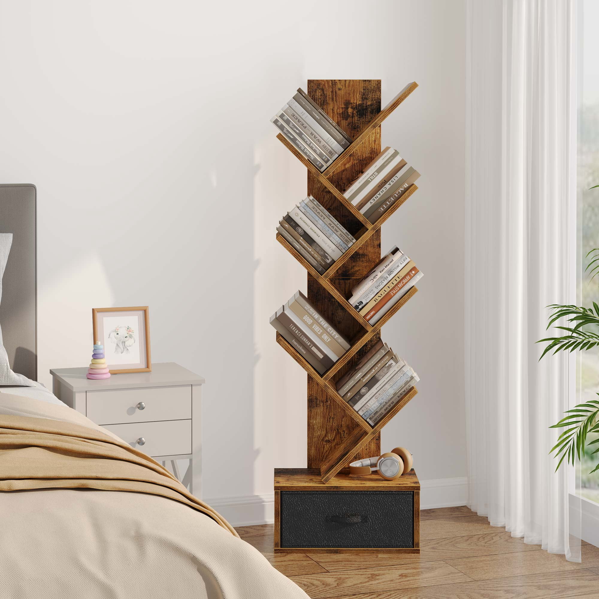 Greenstell 7-Tier Wooden Bookcase with Drawer, Free Standing Tree Bookshelf, Rustic Brown