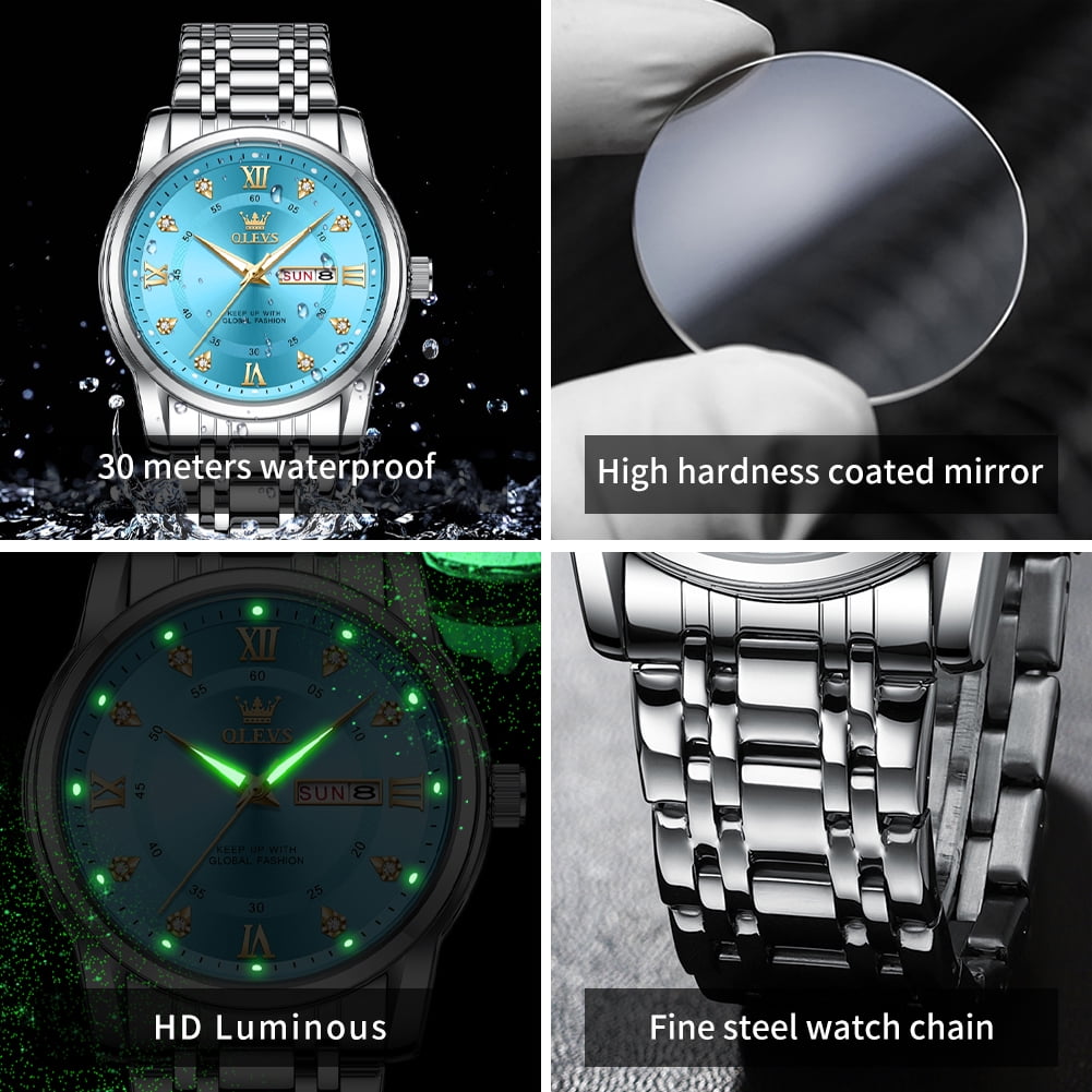 OLEVS Watches for Men Classic Business Dress Analog Quartz Stainless Steel Waterproof Luminous Date Diamond Mens Wrist Watches Relojes De Hombre,Gold/Blue/Black Dial