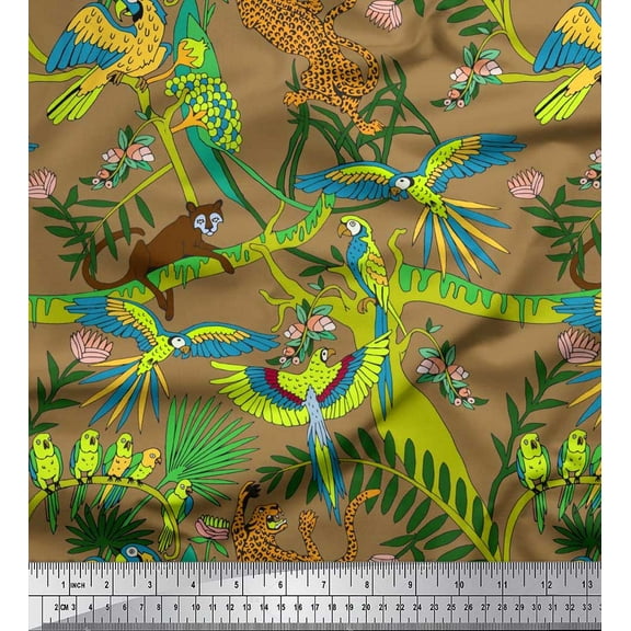 Soimoi Cotton Duck Fabric Branches,Parrot & Leopard Jungle Print Fabric by Yard 42 Inch Wide